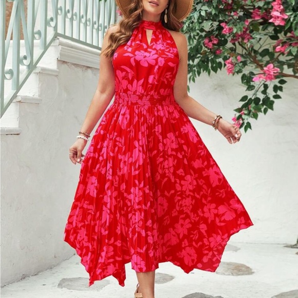 Boho Plus Size Floral Print Halter Neck Irregular Pleated Asymmetrical Hem Dress - Picture 1 of 5